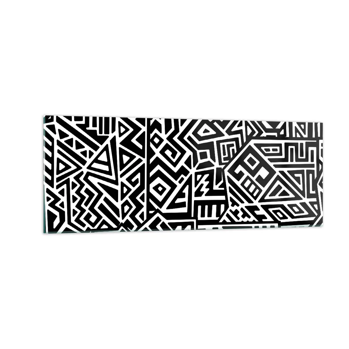 Quadro su vetro - Motivi geometrici in bianco e nero ispirati alla cultura precolombiana - 140x50cm - Composizione precolombiana - Decorazione murale moderna per soggiorno e camera da letto ARTTOR