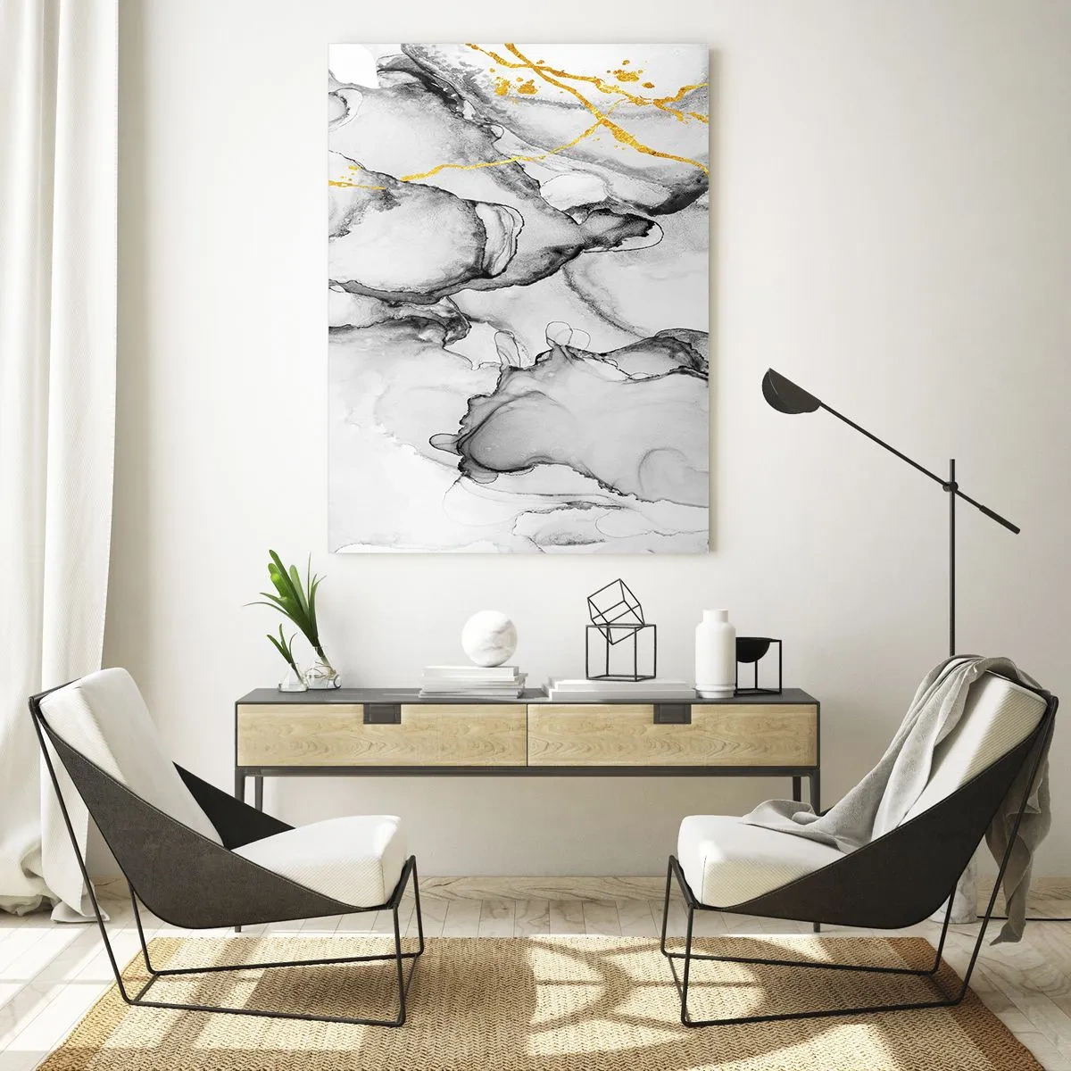 Quadro su vetro - Composizione astratta in bianco e nero con accenti dorati - 50x70cm - Composizione con motivo d'oro - Decorazione murale moderna per soggiorno e camera da letto ARTTOR