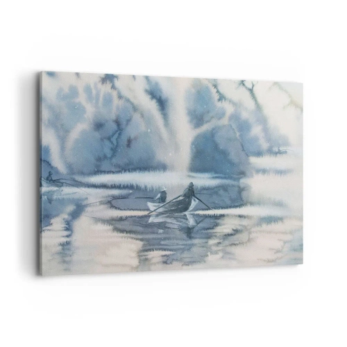 Quadro su tela - Stampe su Tela - Paesaggio ad acquerello con barche su un lago circondato da una foresta nebbiosa - 100x70cm - I pescatori nel loro paradiso - Decorazione murale moderna per soggiorno e camera da letto ARTTOR