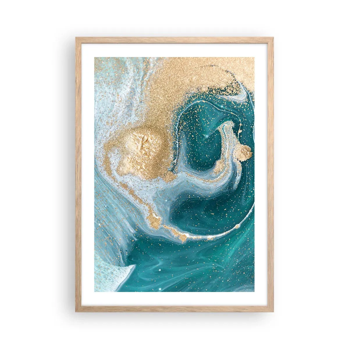 Poster in cornice rovere chiaro - Vortice di oro e turchese - 50x70 cm
