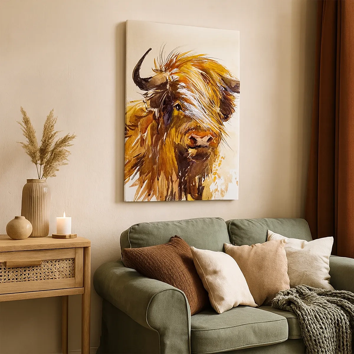 Quadro su tela - Stampe su Tela - Ritratto di un toro in stile acquerello artistico - 50x70cm - L'orgoglio del cacciatore - Decorazione murale moderna per soggiorno e camera da letto ARTTOR