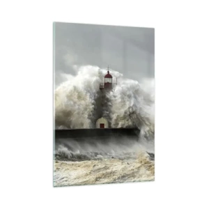 Quadro su vetro - Un faro circondato da onde agitate durante una tempesta - 80x120cm - L'ira dell'oceano - Decorazione murale moderna per soggiorno e camera da letto ARTTOR