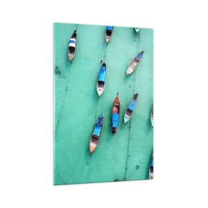 Quadro su vetro - Una vista a volo d'uccello delle barche sull'acqua turchese - 70x100cm - In gioiosa attesa - Decorazione murale moderna per soggiorno e camera da letto ARTTOR