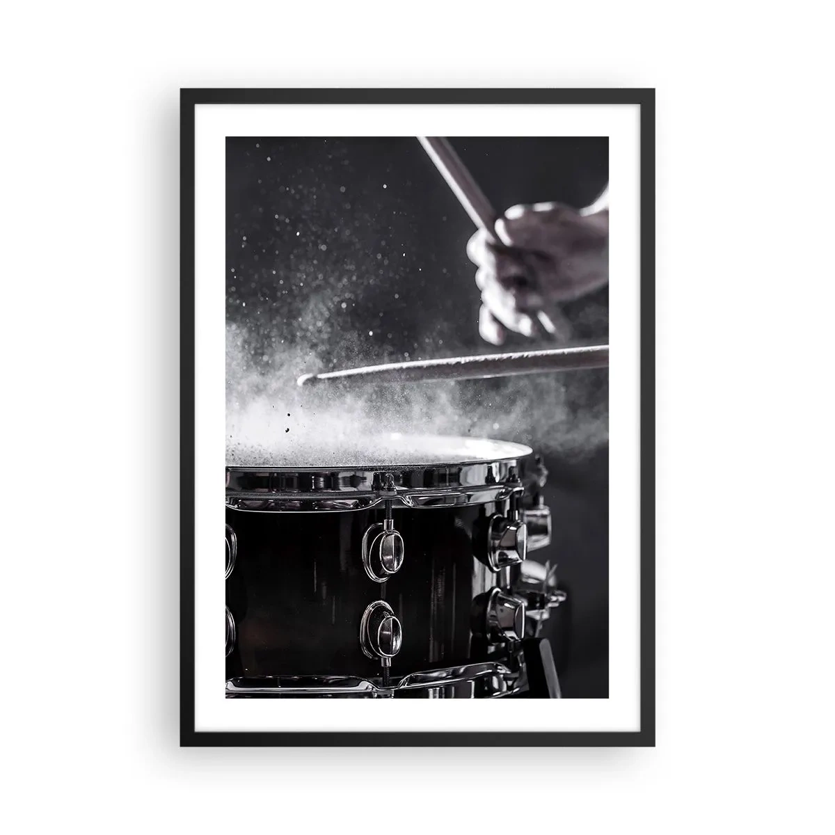 Poster in cornice nera - Tamburi colpiti con bacchette con effetto spruzzo di polvere - 50x70cm - Il polso della musica - Decorazione murale moderna per soggiorno e camera da letto ARTTOR