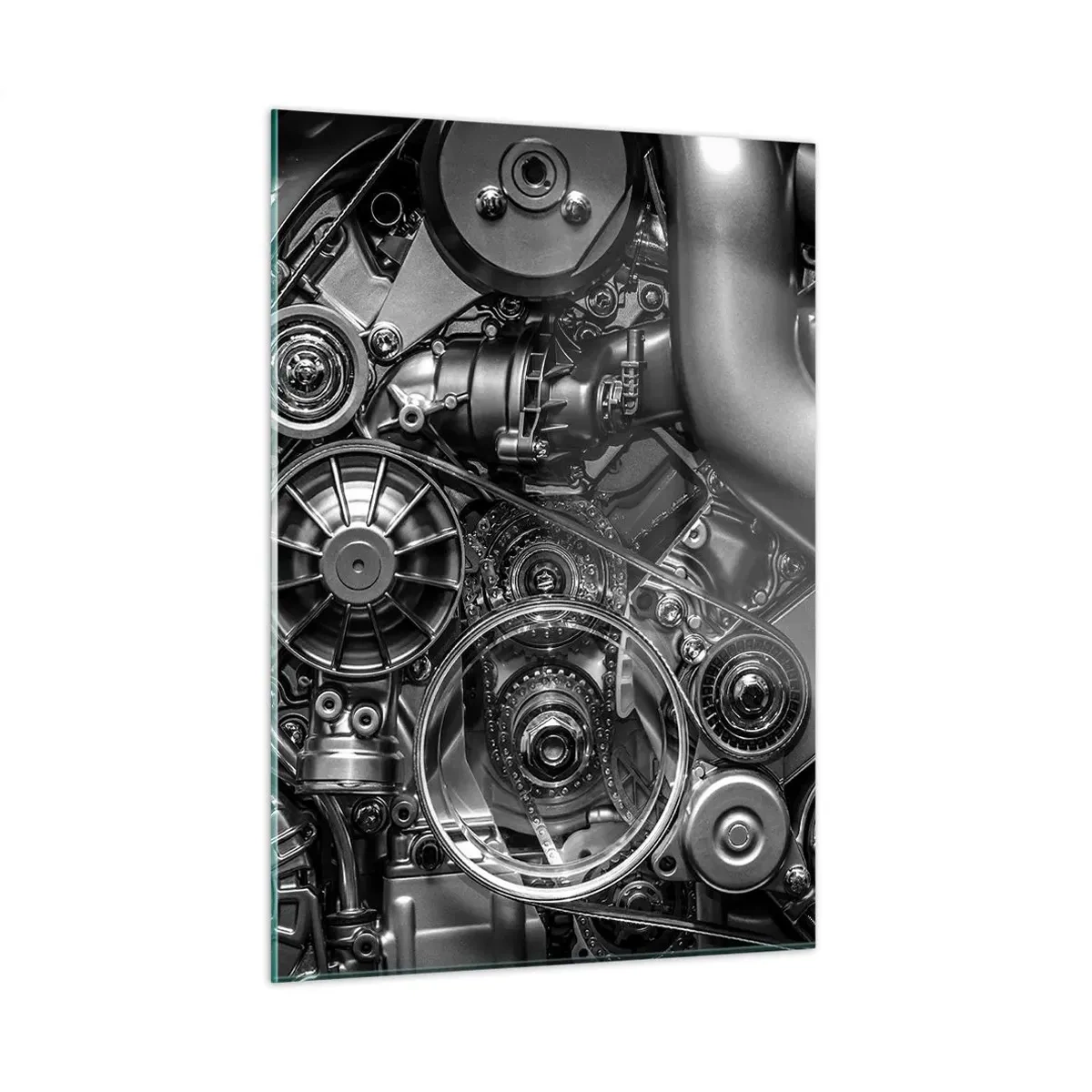 Quadro su vetro - Dettaglio di un motore bianco e nero con meccanismi visibili - 50x70cm - La poesia della meccanica - Decorazione murale moderna per soggiorno e camera da letto ARTTOR
