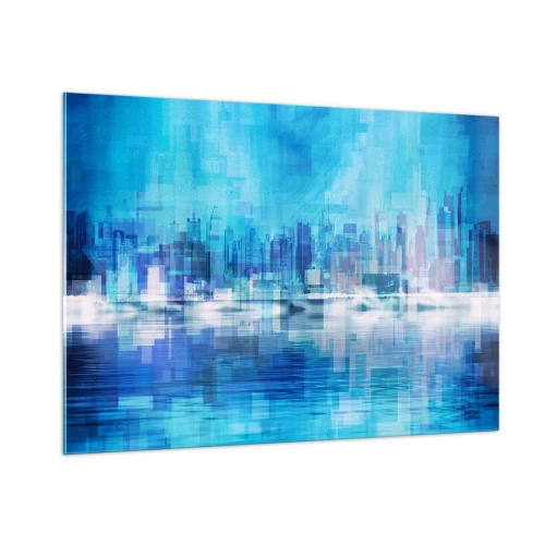 Quadro su vetro - Un panorama urbano moderno nei toni del blu - 100x70cm - Immersi nel blu - Decorazione murale moderna per soggiorno e camera da letto ARTTOR
