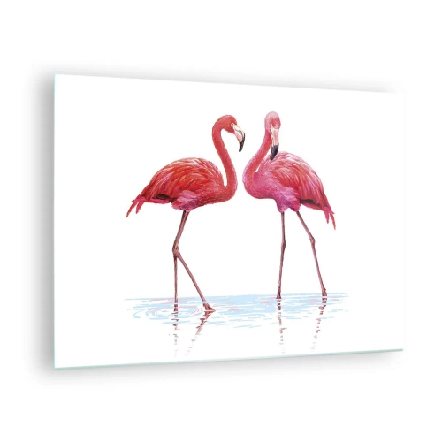 Quadro su vetro - Due fenicotteri rosa in piedi nell'acqua - 70x50cm - Appuntamento in rosa - Decorazione murale moderna per soggiorno e camera da letto ARTTOR