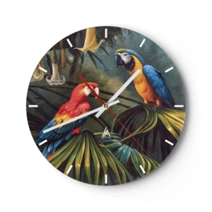 Orologio da parete - Orologio in Vetro - Due pappagalli colorati seduti su foglie tropicali - 30x30cm - Romanticità ai tropici - Decorazione murale moderna per soggiorno, cucina e camera da letto ARTTOR
