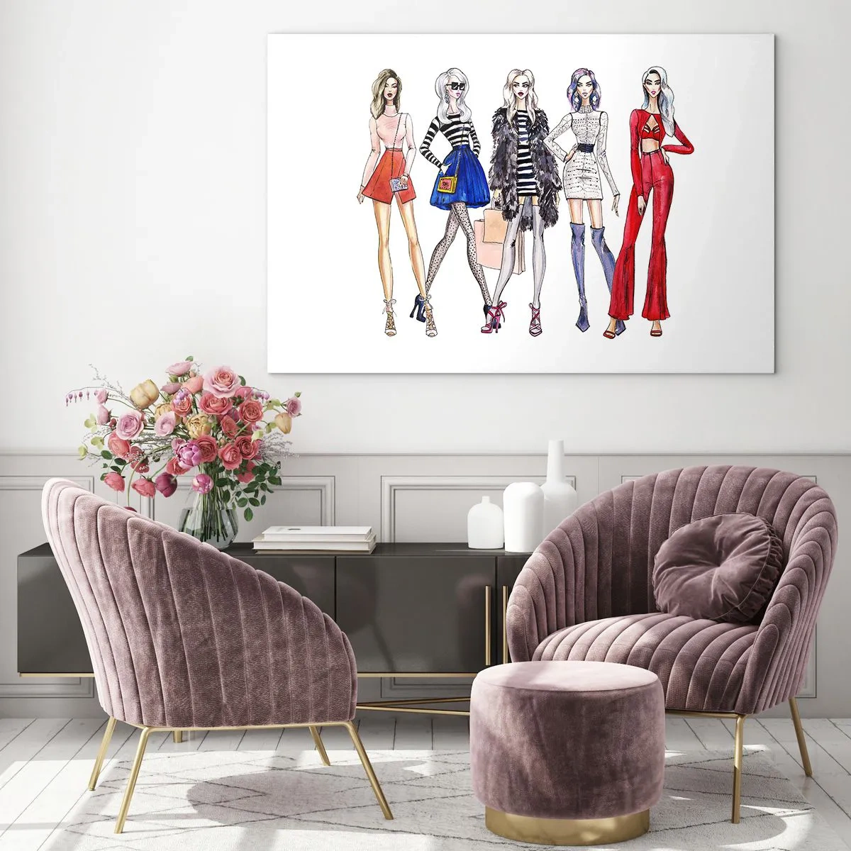 Quadro su vetro - Personaggi alla moda in abiti eleganti nell'illustrazione - 100x70cm - Every week Fashion Week - Decorazione murale moderna per soggiorno e camera da letto ARTTOR