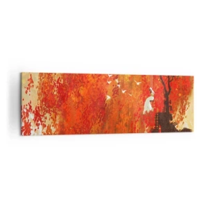 Quadro su tela - Stampe su Tela - Una figura su un'altalena vicino a un albero circondata da foglie rosse - 160x50cm - Voli con noi? - Decorazione murale moderna per soggiorno e camera da letto ARTTOR