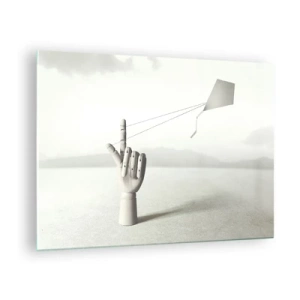 Quadro su vetro - Una mano di legno che tiene un aquilone galleggiante sul suo dito - 70x50cm - Prova di forza - Decorazione murale moderna per soggiorno e camera da letto ARTTOR