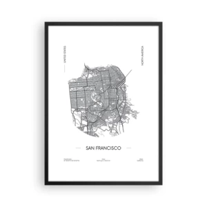 Poster in cornice nera - Una mappa minimalista di San Francisco in bianco e nero. - 50x70cm - Anatomia di San Francisco - Decorazione murale moderna per soggiorno e camera da letto ARTTOR