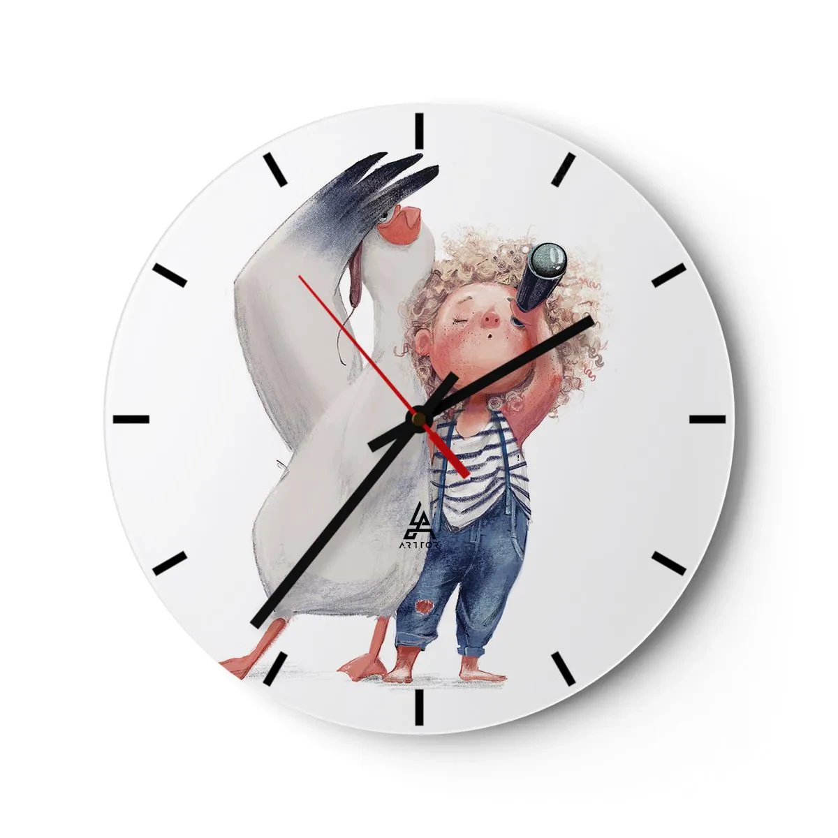 Orologio da parete - Orologio in Vetro - Un bambino con un binocolo e un grande uccello su uno sfondo bianco - 30x30cm - Il progetto di un grande viaggio - Decorazione murale moderna per soggiorno, cucina e camera da letto ARTTOR