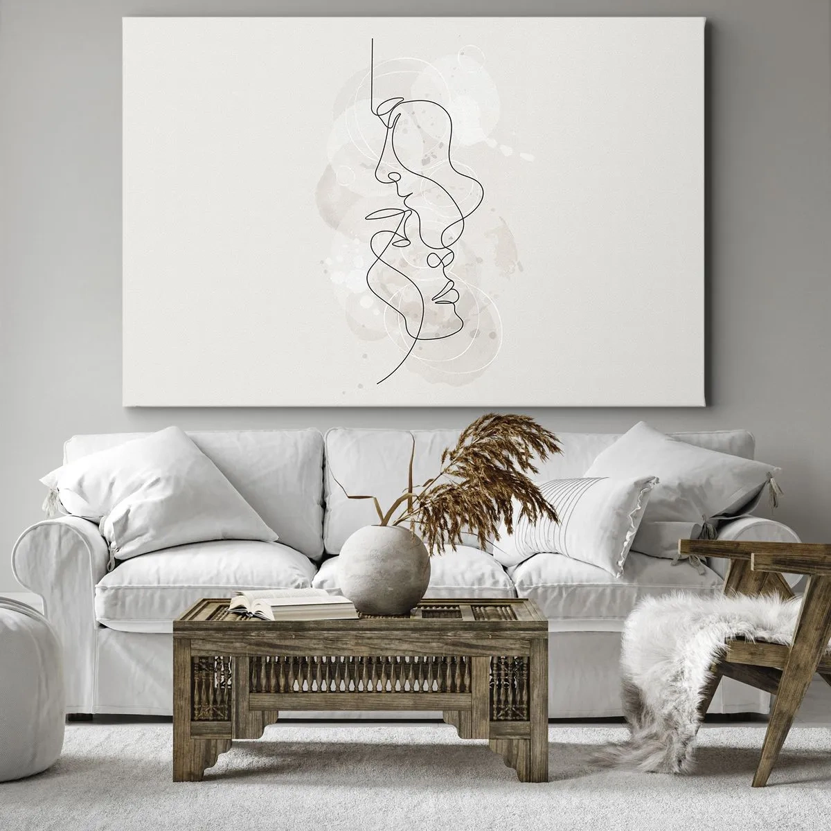 Quadro su tela - Stampe su Tela - Contorno astratto di due volti su uno sfondo chiaro - 70x50cm - Intrecciati in un abbraccio - Decorazione murale moderna per soggiorno e camera da letto ARTTOR