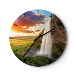 Orologio da parete - Orologio in Vetro - Una cascata nel paesaggio islandese al tramonto - 30x30cm - Nel mezzo dell'estate islandese - Decorazione murale moderna per soggiorno, cucina e camera da letto ARTTOR