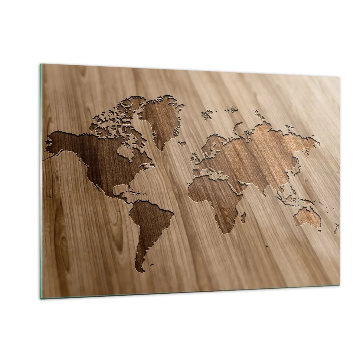 Quadro su vetro - Una mappa del mondo incisa su una superficie di legno - 120x80cm - Il mondo servito a tavola - Decorazione murale moderna per soggiorno e camera da letto ARTTOR