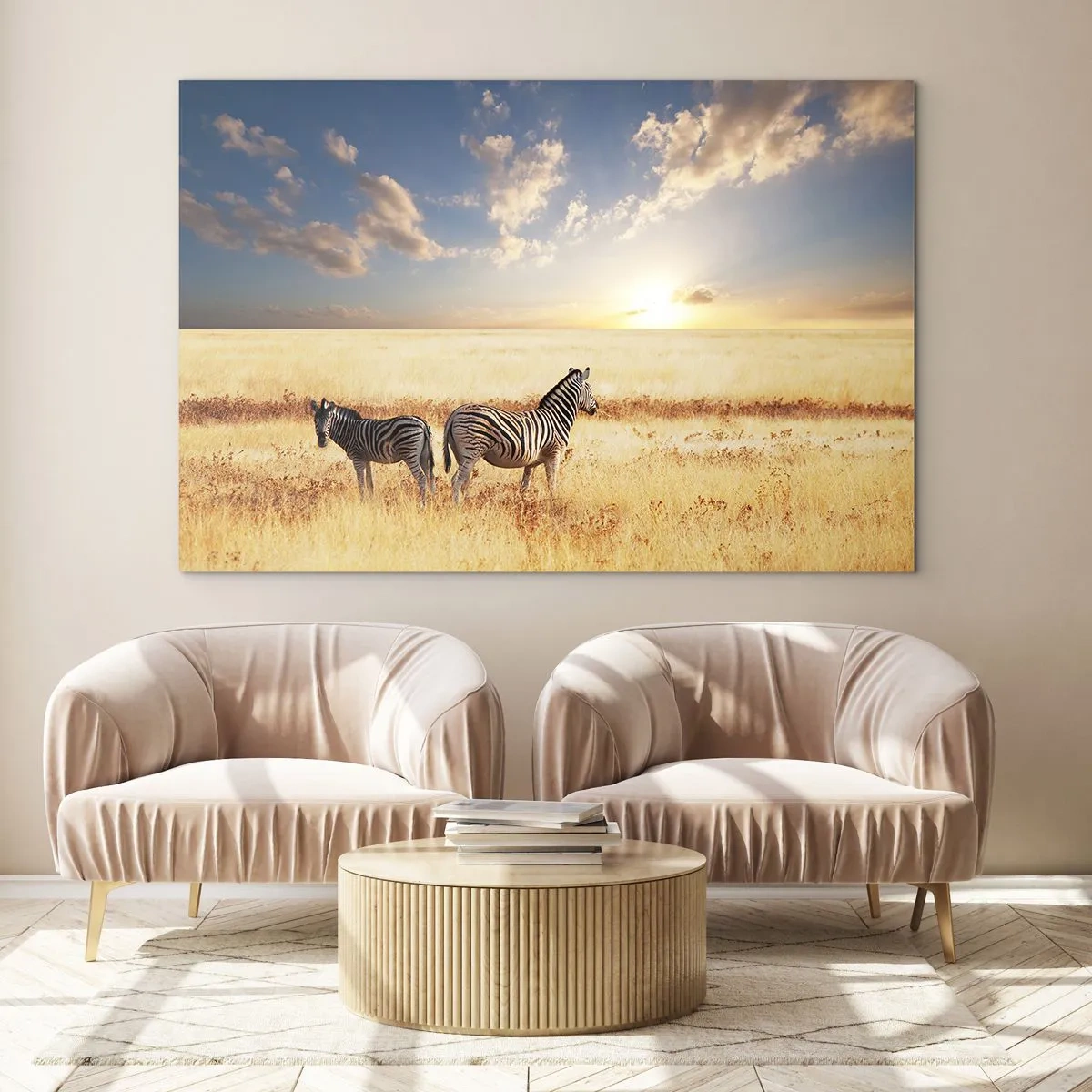 Quadro su vetro - Due zebre nella savana al tramonto - 70x50cm - Allontanati, non disturbare - Decorazione murale moderna per soggiorno e camera da letto ARTTOR
