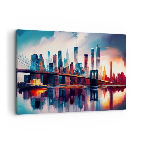Quadro su tela - Stampe su Tela - Panorama di New York City con ponte e riflesso nell'acqua - 120x80cm - Una New York spettacolare - Decorazione murale moderna per soggiorno e camera da letto ARTTOR
