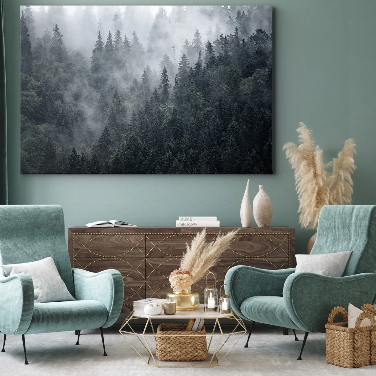 Quadro su tela - Stampe su Tela - Foresta di conifere nebbiosa nei toni del grigio e del verde - 70x50cm - Alba nel bosco - Decorazione murale moderna per soggiorno e camera da letto ARTTOR