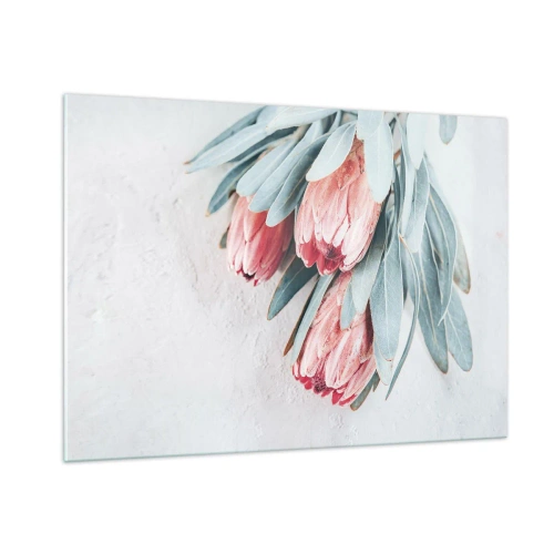 Quadro su vetro - Tre fiori di protea pastello con foglie su uno sfondo chiaro - 100x70cm - Imbarazzati per la propria bellezza - Decorazione murale moderna per soggiorno e camera da letto ARTTOR