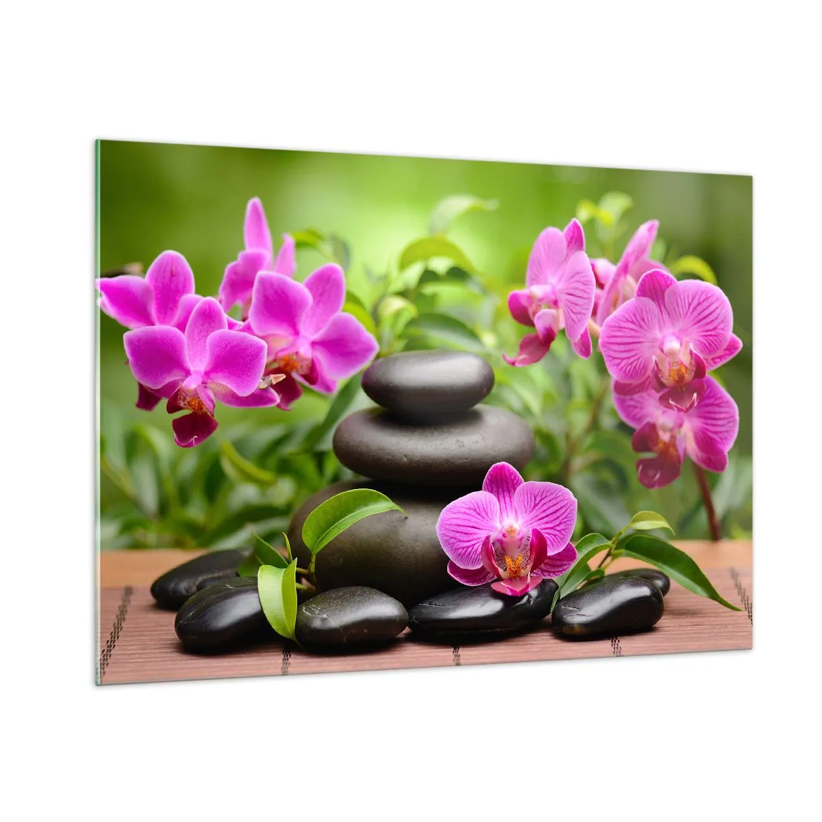 Quadro su vetro - Orchidee rosa e pietre nere in un ambiente tranquillo - 100x70cm - Piramide di pace - Decorazione murale moderna per soggiorno e camera da letto ARTTOR