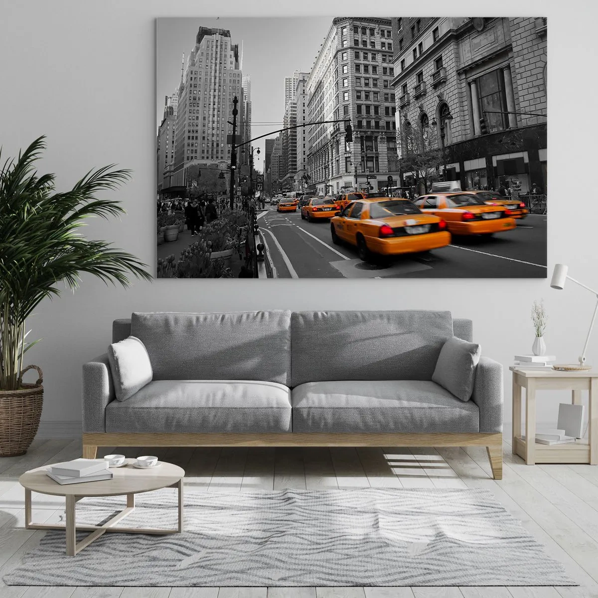 Quadro su vetro - Taxi gialli sulle strade cittadine in un contesto bianco e nero - 100x70cm - Il sole della grande città - Decorazione murale moderna per soggiorno e camera da letto ARTTOR