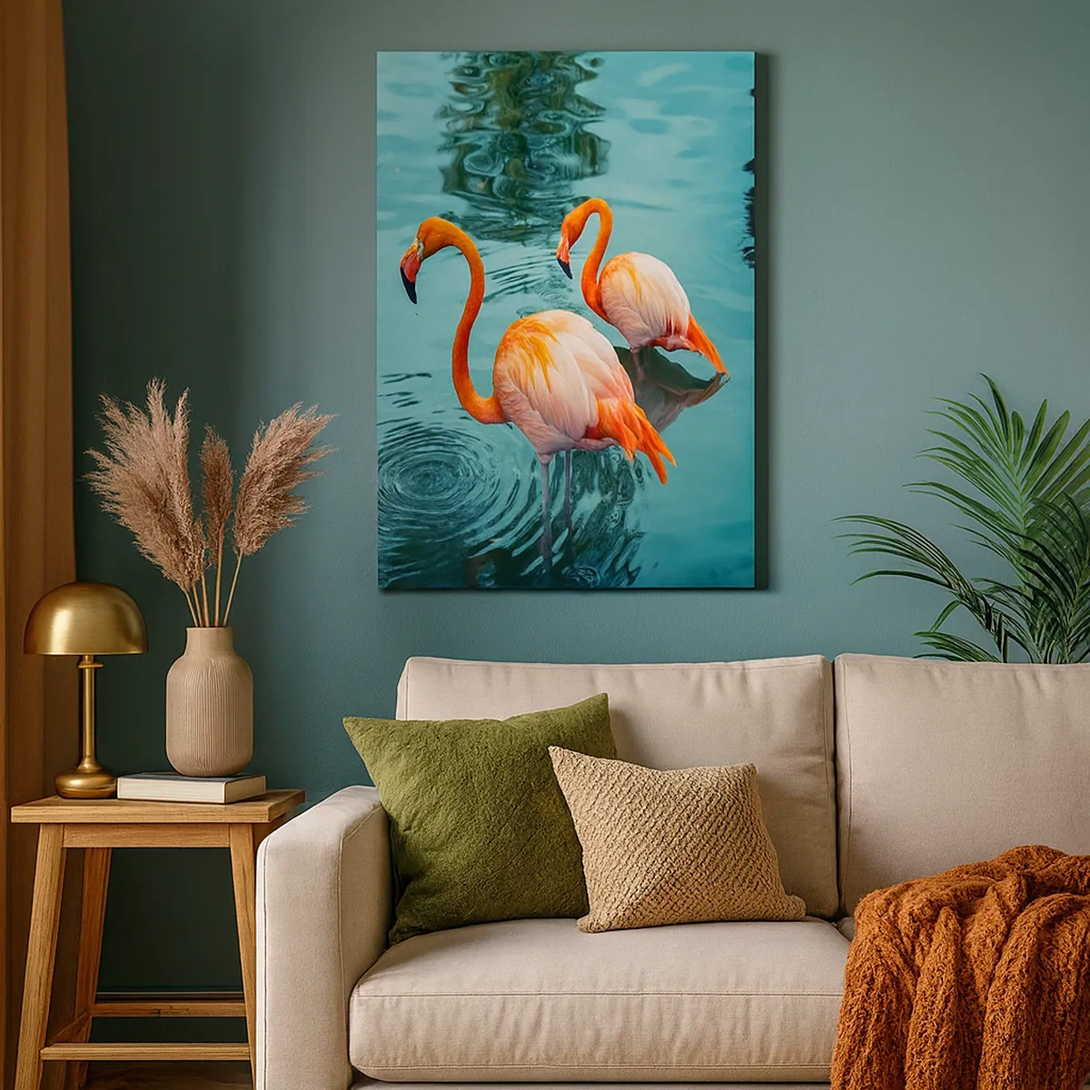 Quadro su tela - Stampe su Tela - Due fenicotteri nell'acqua calma riflettono l'ambiente circostante - 50x70cm - Adesso siamo di moda - Decorazione murale moderna per soggiorno e camera da letto ARTTOR