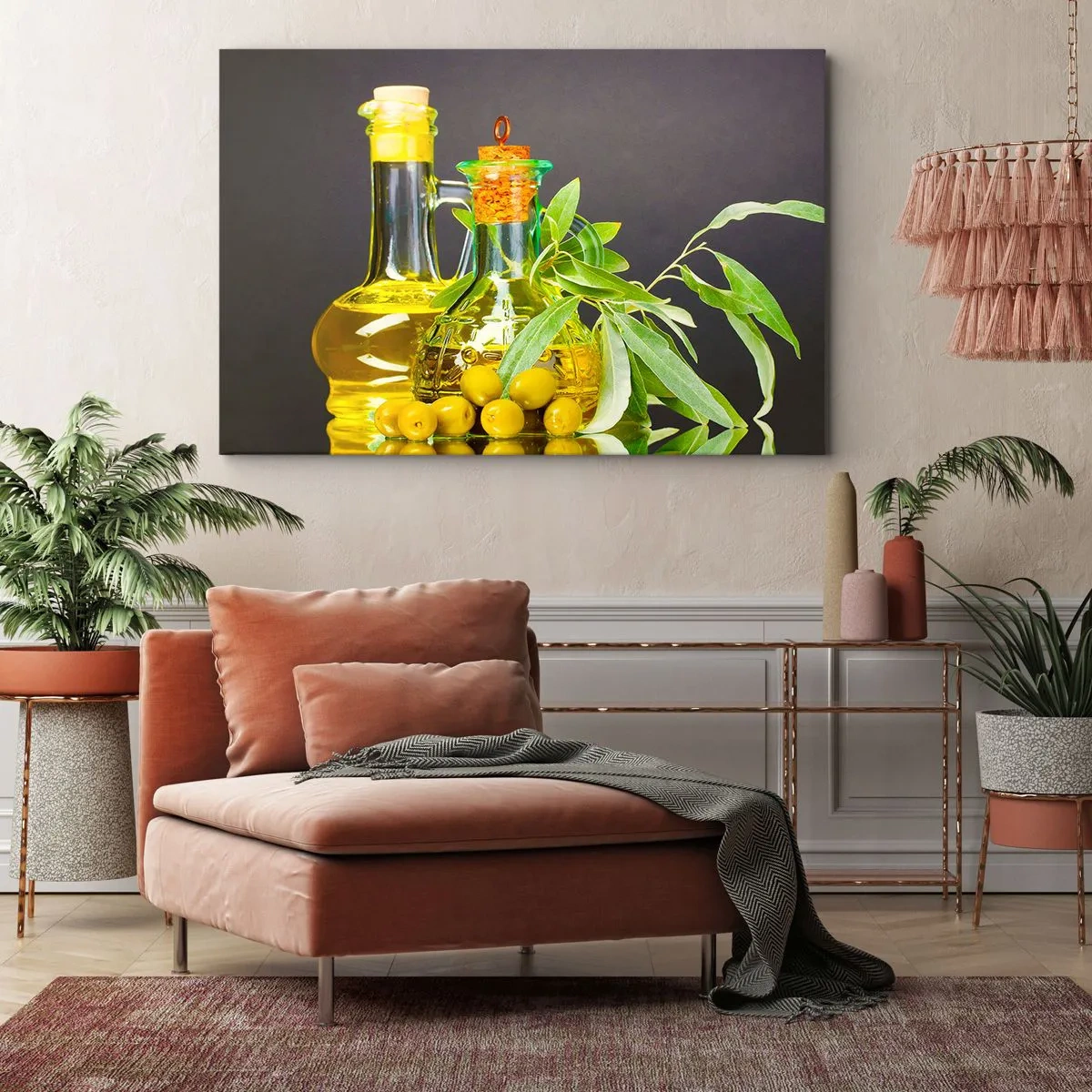 Quadro su tela - Stampe su Tela - Bottiglie di olio d'oliva e rami di ulivo - 70x50cm - Natura morta con olive e olio - Decorazione murale moderna per soggiorno e camera da letto ARTTOR