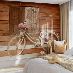 Fotomurali Autoadesivo Deluxe Sticker - Torno subito - Bicicletta, Fiori, Casa di legno - 100x70 cm
