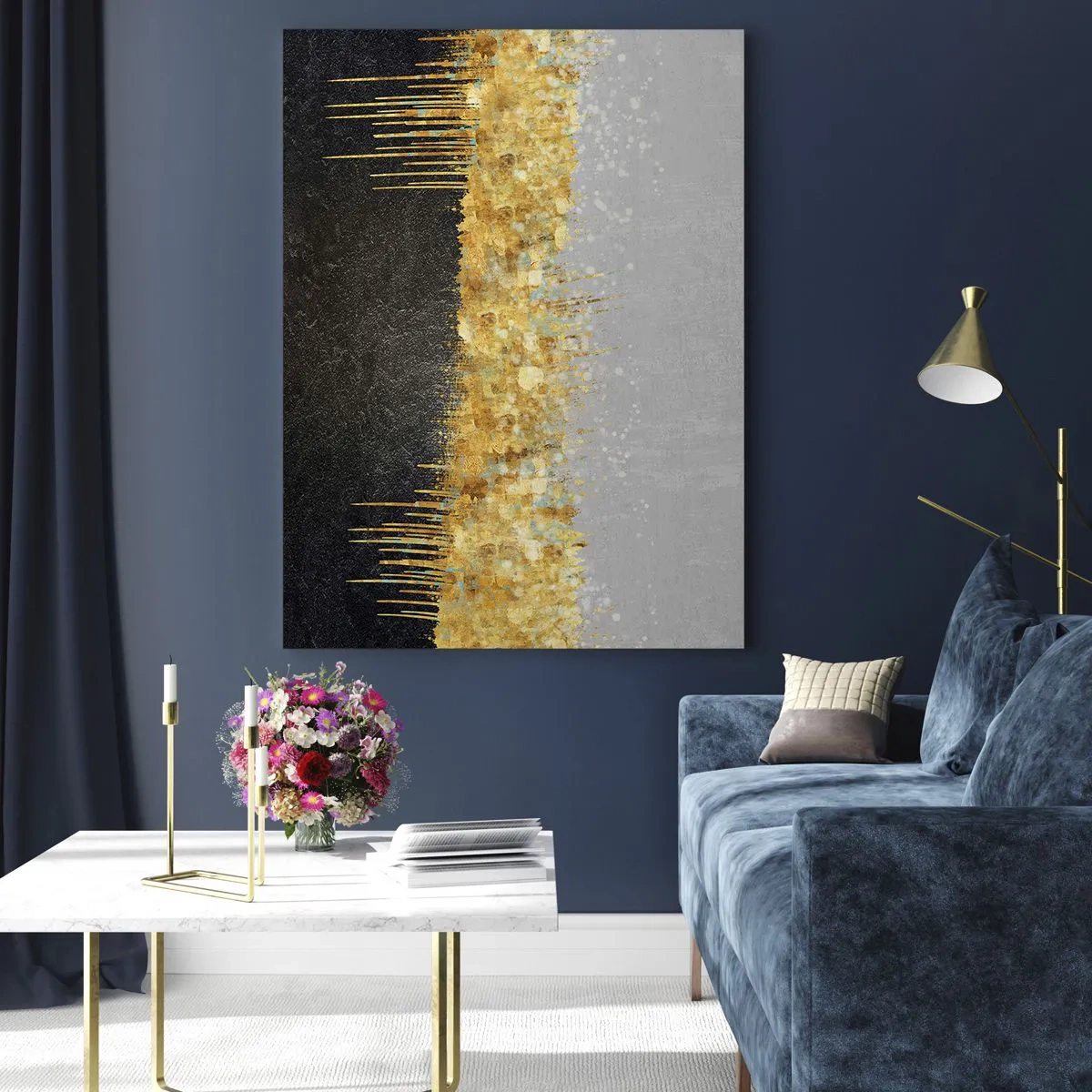 Quadro su vetro - Astrazione dorata con contrasto nero e grigio - 50x70cm - Nel profondo e verso l'alto - Decorazione murale moderna per soggiorno e camera da letto ARTTOR