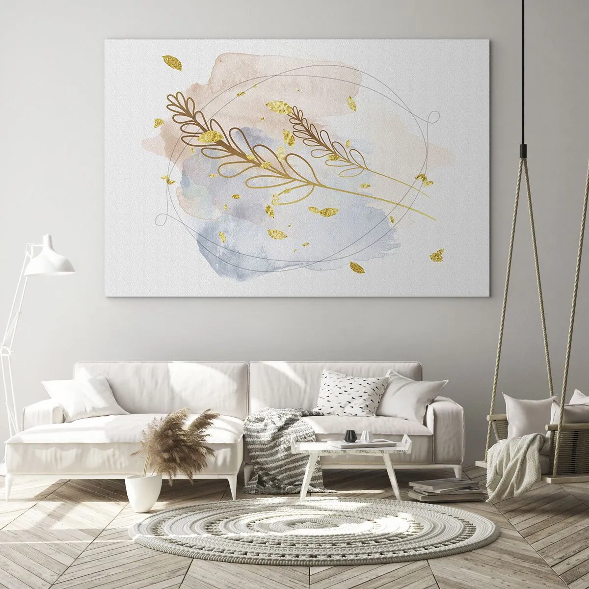 Quadro su vetro - Una delicata composizione con ramoscelli e foglie dorate in acquerello - 120x80cm - Soffio d'oro - Decorazione murale moderna per soggiorno e camera da letto ARTTOR