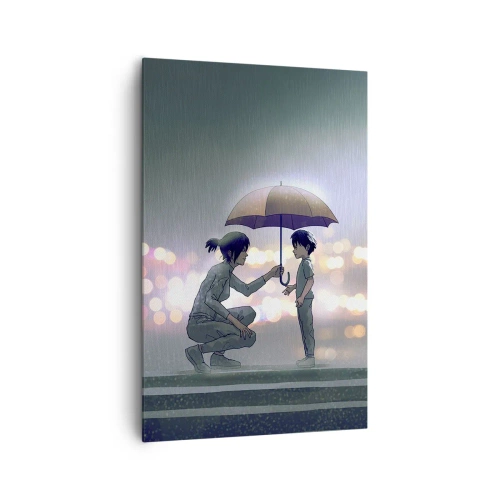Quadro su tela - Stampe su Tela - Una figura con un ombrello che protegge un bambino sullo sfondo delle luci notturne. - 80x120cm - E già tutto va bene - Decorazione murale moderna per soggiorno e camera da letto ARTTOR