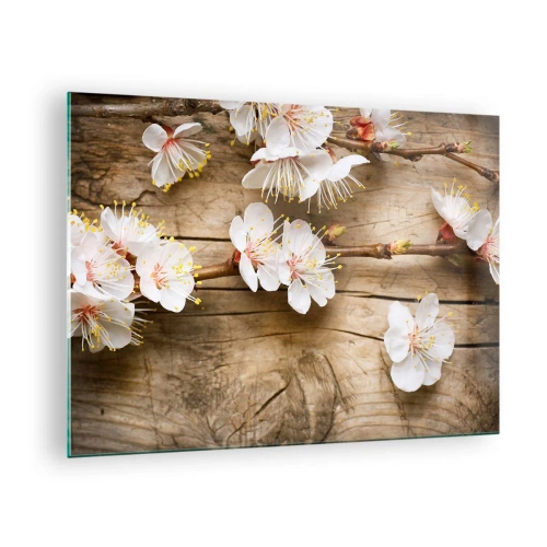 Quadro su vetro - Rami di ciliegi in fiore su uno sfondo di legno - 70x50cm - Ed è giunta la primavera - Decorazione murale moderna per soggiorno e camera da letto ARTTOR