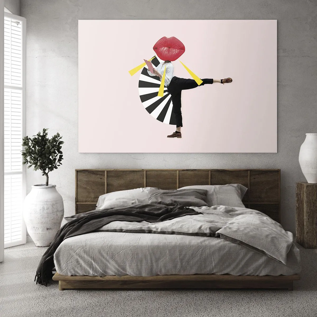 Quadro su vetro - Una composizione pop art surreale che raffigura un personaggio con una grande bocca su uno sfondo rosa. - 70x50cm - Pop-art surrealistica - Decorazione murale moderna per soggiorno e camera da letto ARTTOR