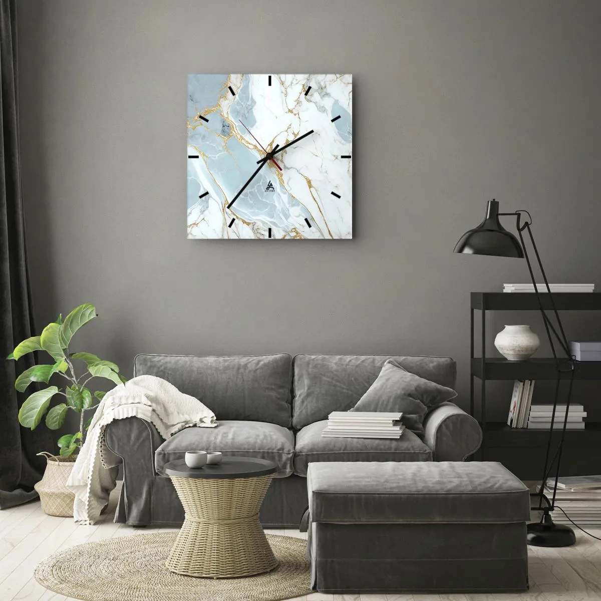 Orologio da parete - Orologio in Vetro - Motivi in marmo blu e bianco con venature dorate aggiunte - 30x30cm - La ricchezza della pietra - Decorazione murale moderna per soggiorno e camera da letto ARTTOR