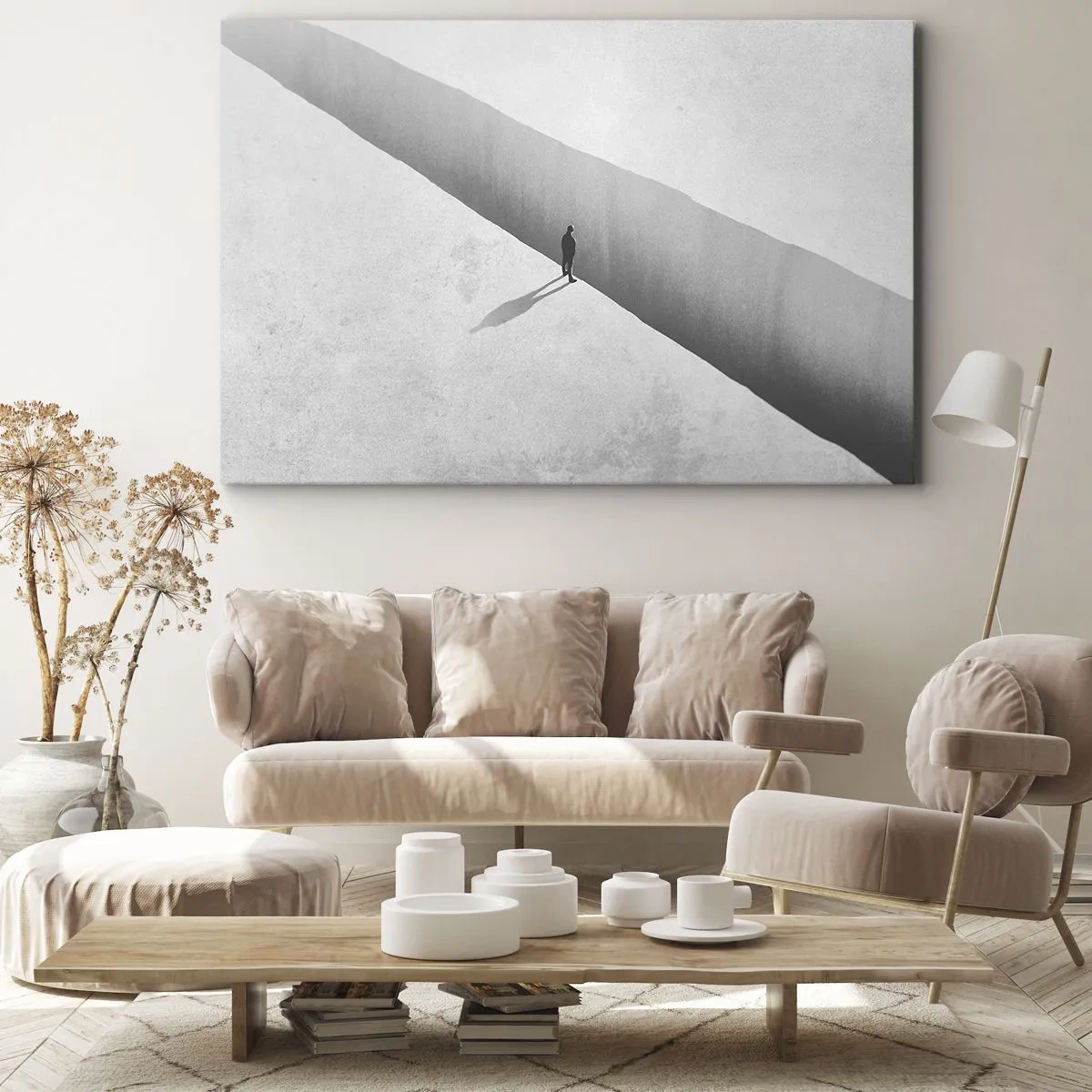 Quadro su tela - Stampe su Tela - Una figura solitaria è in piedi su un profondo abisso in un ambiente monocromatico. - 70x50cm - Un obiettivo chiaro - Decorazione murale moderna per soggiorno e camera da letto ARTTOR