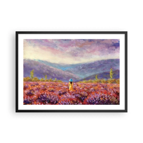 Poster in cornice nera - Una donna con un cappello cammina in un campo di lavanda. - 70x50cm - Nel mondo di lavanda - Decorazione murale moderna per soggiorno e camera da letto ARTTOR
