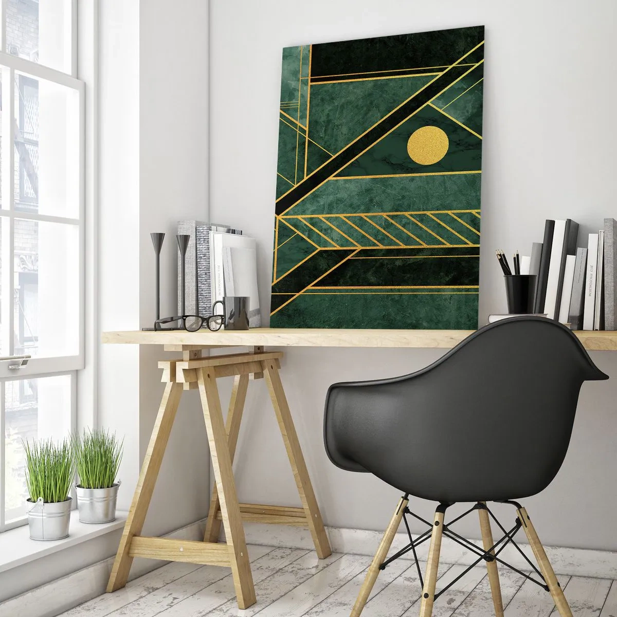 Quadro su vetro - Design geometrico verde e oro con un motivo elegante - 70x100cm - Dinamica di oro e azzurro - Decorazione murale moderna per soggiorno e camera da letto ARTTOR