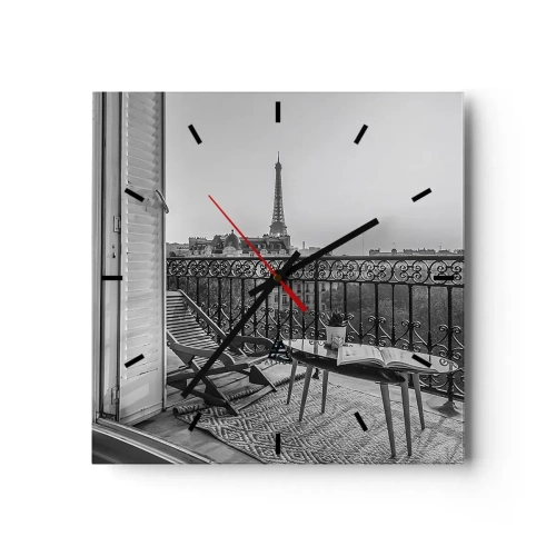 Orologio da parete - Orologio in Vetro - Vista della Torre Eiffel dal balcone con sedie a sdraio e tavolo - 30x30cm - Pomeriggio parigino - Decorazione murale moderna per soggiorno e camera da letto ARTTOR
