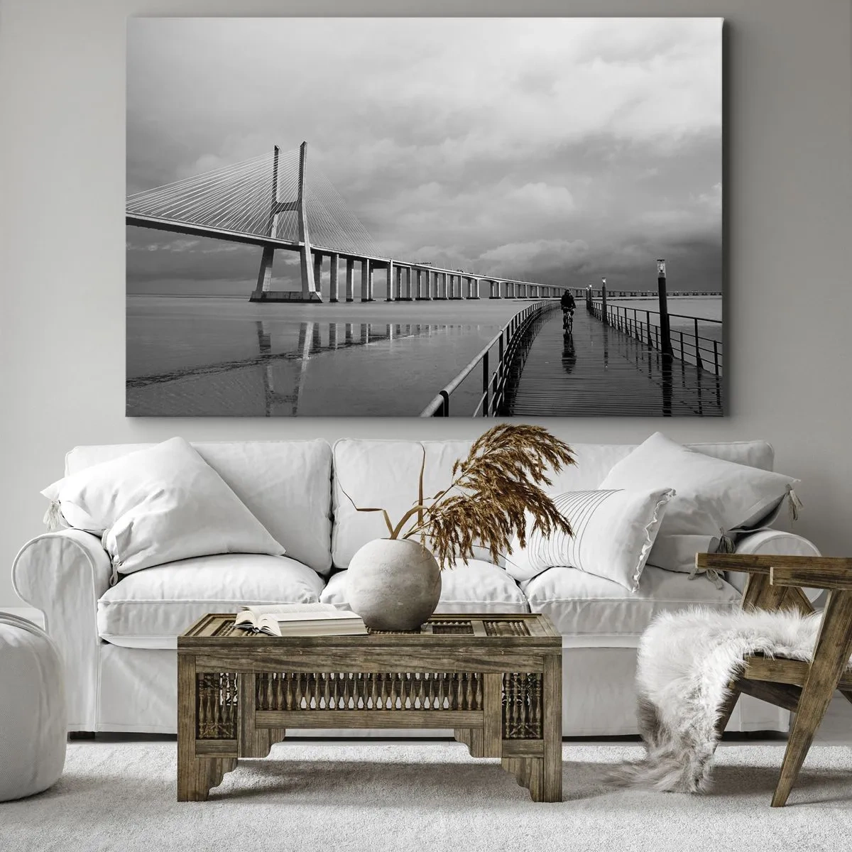 Quadro su tela - Stampe su Tela - Un ponte sospeso sull'acqua in bianco e nero - 70x50cm - A ciascuno ciò che gli spetta - Decorazione murale moderna per soggiorno e camera da letto ARTTOR