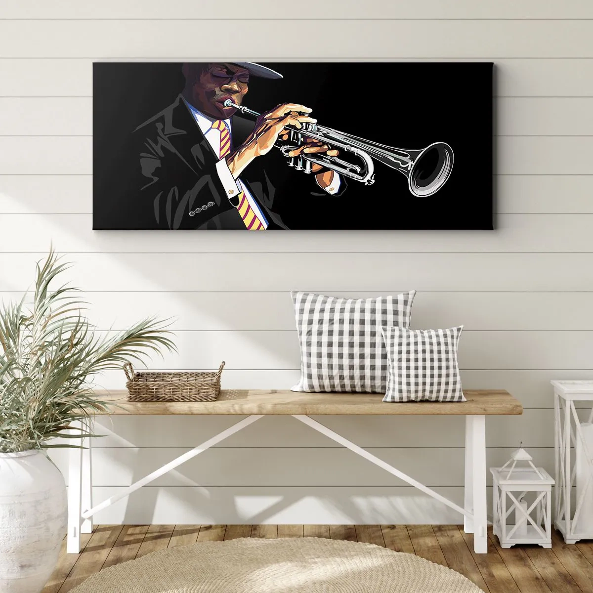 Quadro su tela - Stampe su Tela - Un musicista che suona la tromba su uno sfondo nero - 160x50cm - Il fascino della Old School - Decorazione murale moderna per soggiorno e camera da letto ARTTOR