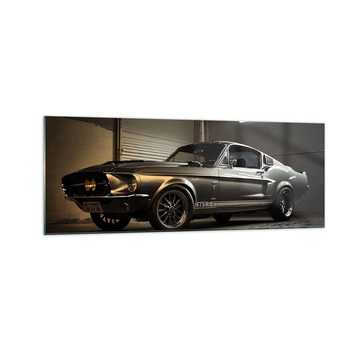 Quadro su vetro - Auto d'epoca in garage retrò - 140x50cm - Ritorno al passato - Decorazione murale moderna per soggiorno e camera da letto ARTTOR