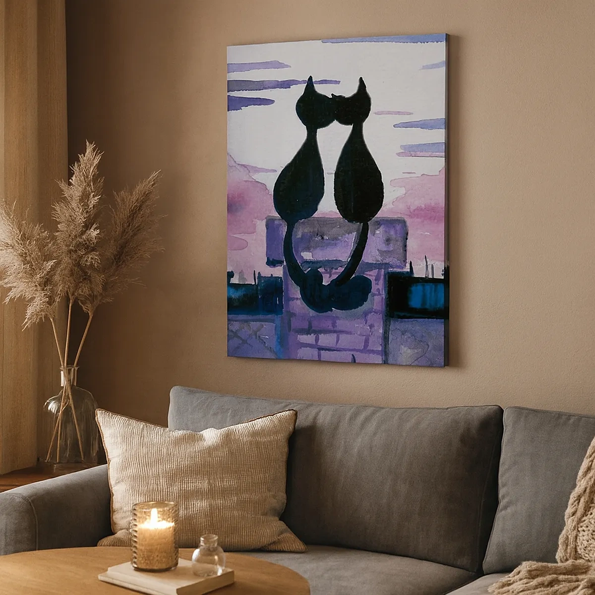 Quadro su tela - Stampe su Tela - Gatti neri su un tetto al chiaro di luna in un ambiente acquerello - 50x70cm - Appuntamento sotto la luna - Decorazione murale moderna per soggiorno e camera da letto ARTTOR