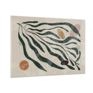 Quadro su vetro - Forme organiche in verde su sfondo beige - 100x70cm - Tra il verde - Decorazione murale moderna per soggiorno e camera da letto ARTTOR