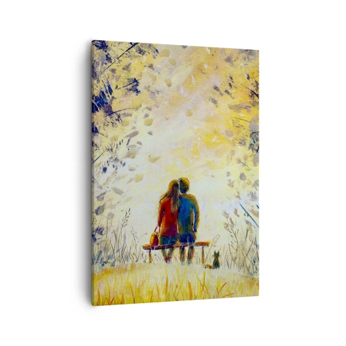 Quadro su tela - Stampe su Tela - Una coppia seduta su una panchina tra gli alberi autunnali alla luce del sole - 50x70cm - Attimo magico - Decorazione murale moderna per soggiorno e camera da letto ARTTOR