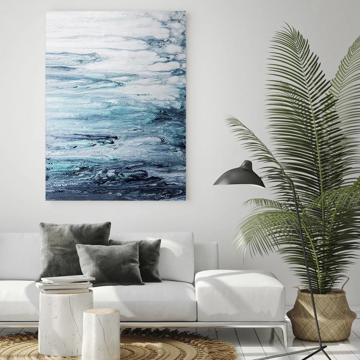 Quadro su vetro - Un motivo astratto che ricorda i corsi d'acqua nelle tonalità del blu. - 50x70cm - Ghiaccio blu - Decorazione murale moderna per soggiorno e camera da letto ARTTOR