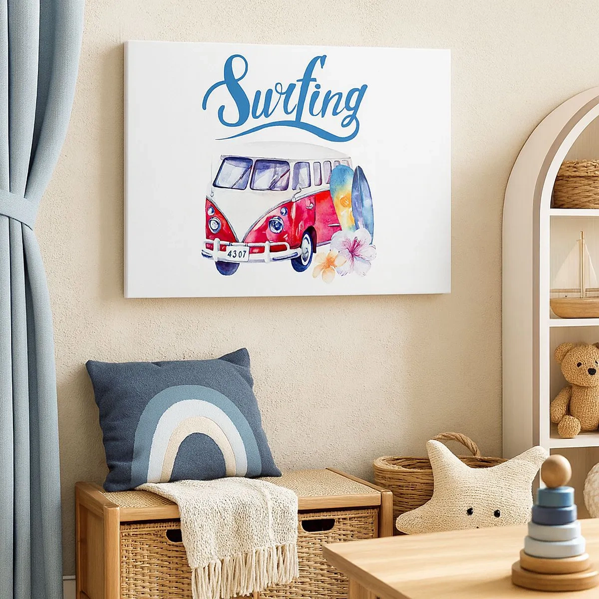 Quadro su tela - Stampe su Tela - Grafica colorata con un autobus e un tema di surf - 70x50cm - In pulmino a fare surf - Decorazione murale moderna per soggiorno e camera da letto ARTTOR