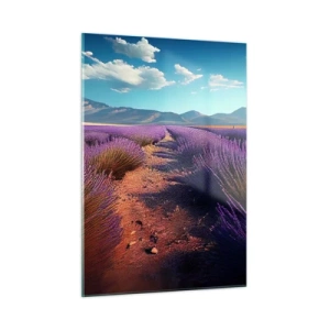 Quadro su vetro - Campi di lavanda al tramonto con vista sulle montagne - 50x70cm - Campi profumati - Decorazione murale moderna per soggiorno e camera da letto ARTTOR