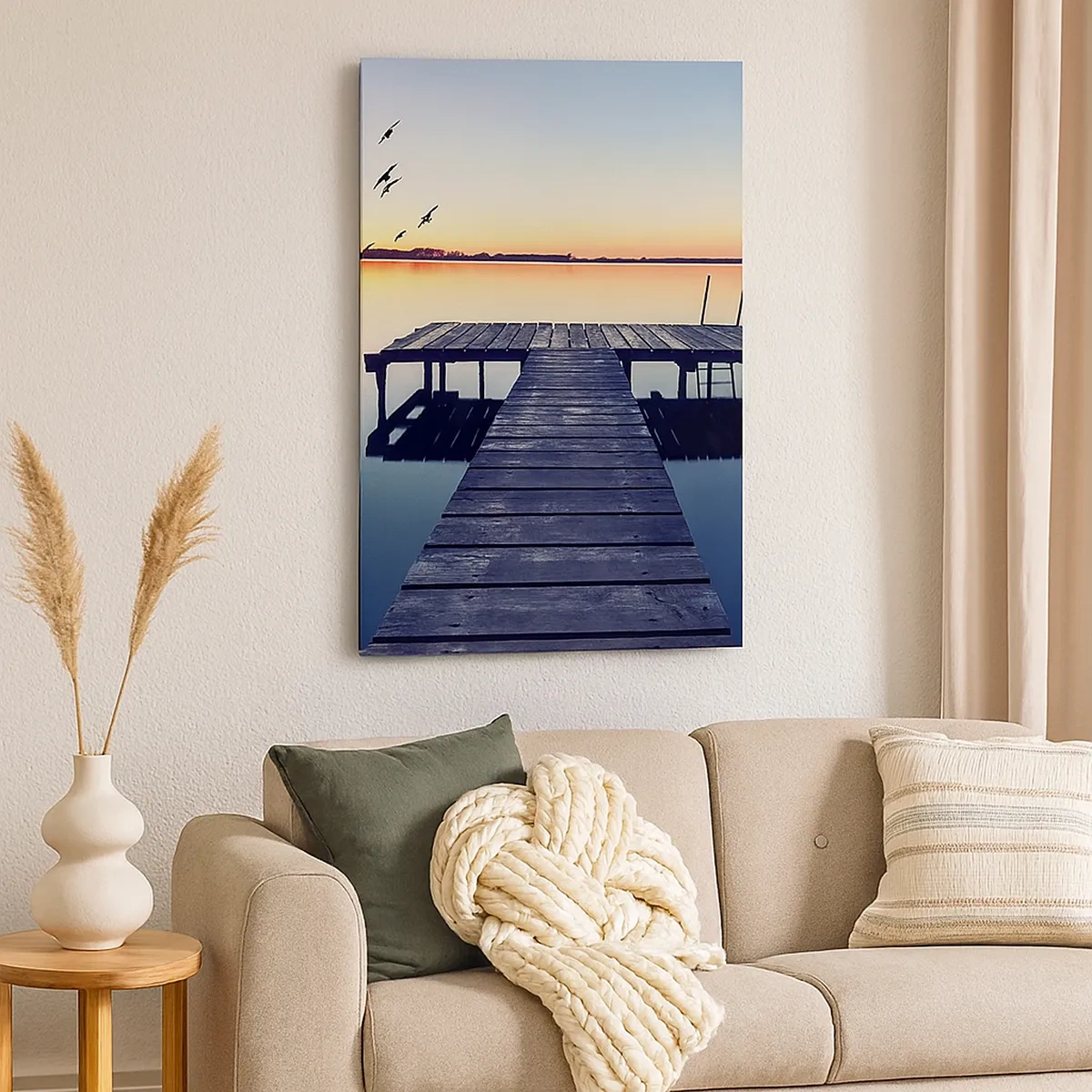 Quadro su tela - Stampe su Tela - Molo di legno su un lago all'alba con uccelli - 50x70cm - È stata una buona giornata - Decorazione murale moderna per soggiorno e camera da letto ARTTOR