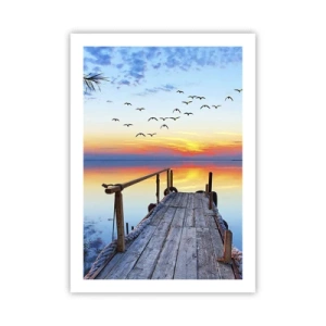 Poster - Molo sul lago al tramonto - 50x70cm - Il tempo del ritorno - Decorazione murale moderna per soggiorno e camera da letto ARTTOR